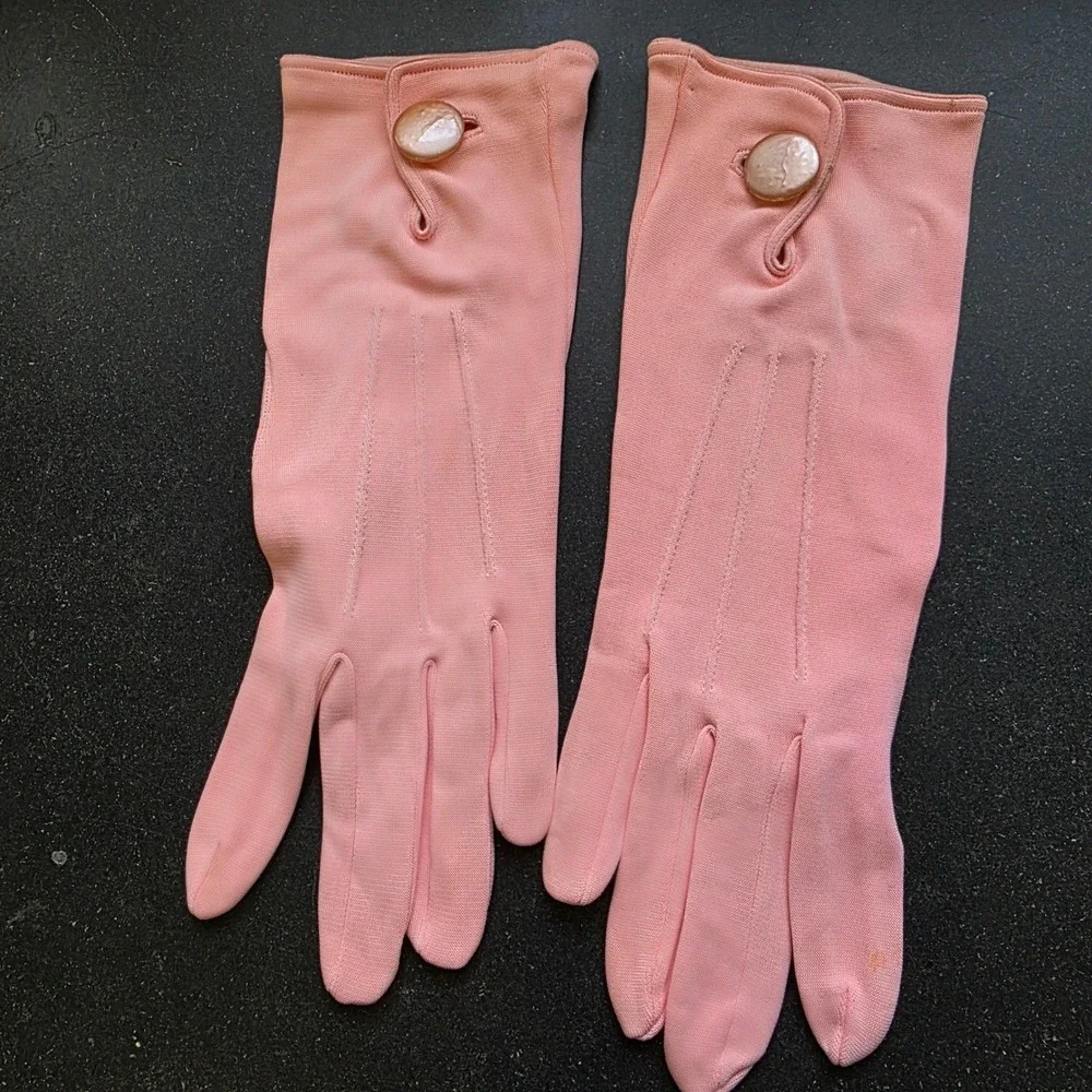 Vintage Formal Dress Gloves One Size Pink Button Wrist Length Retro Mid-Century